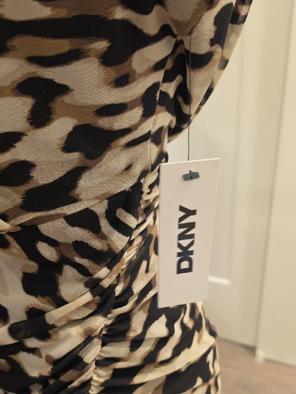 DKNY ruched Beige&Black Leopard-Print Midi Dress size 10 new with tags